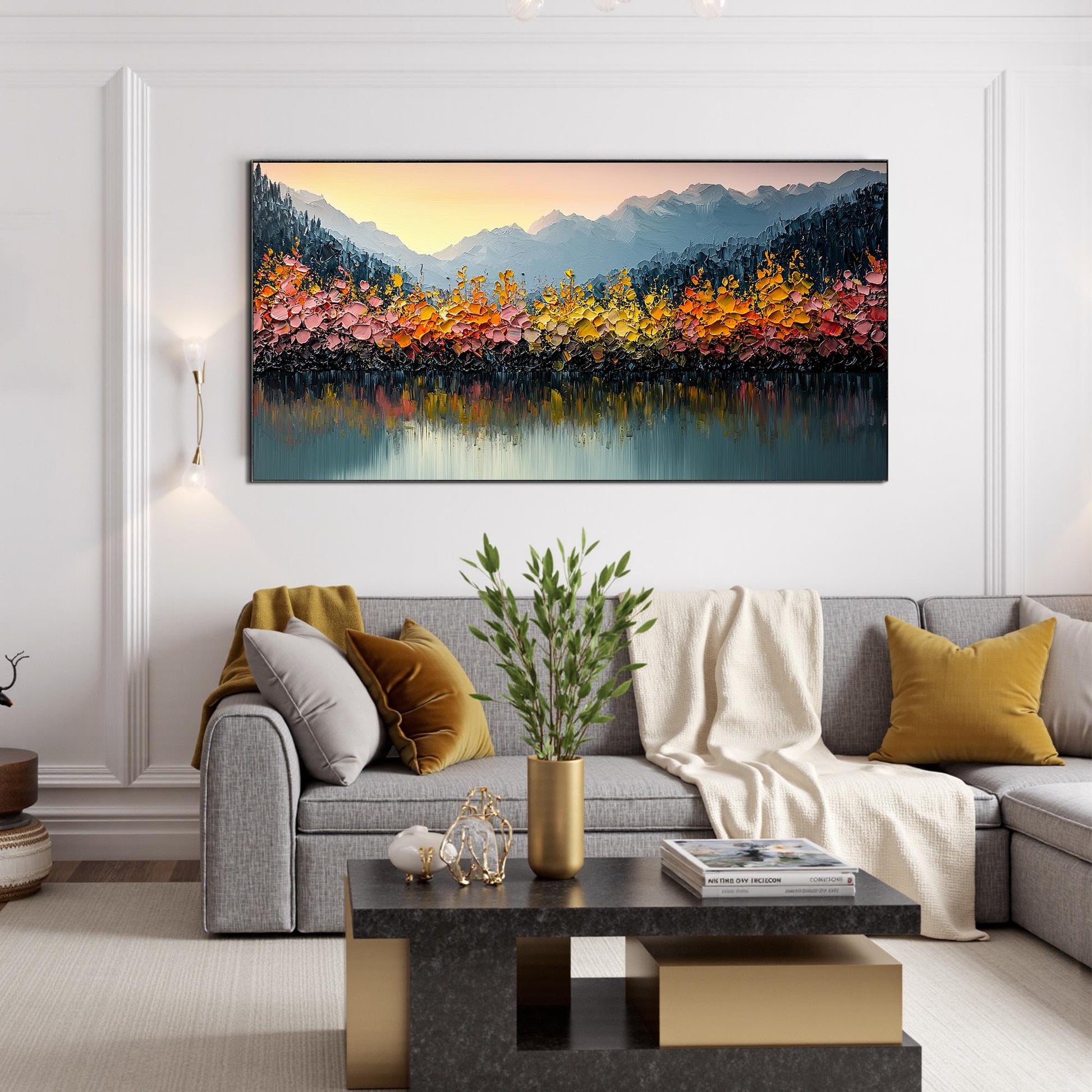 Original – Orange and Yellow Lake Landscape Wall Art | Impasto Hand-Painted Painting, view 4