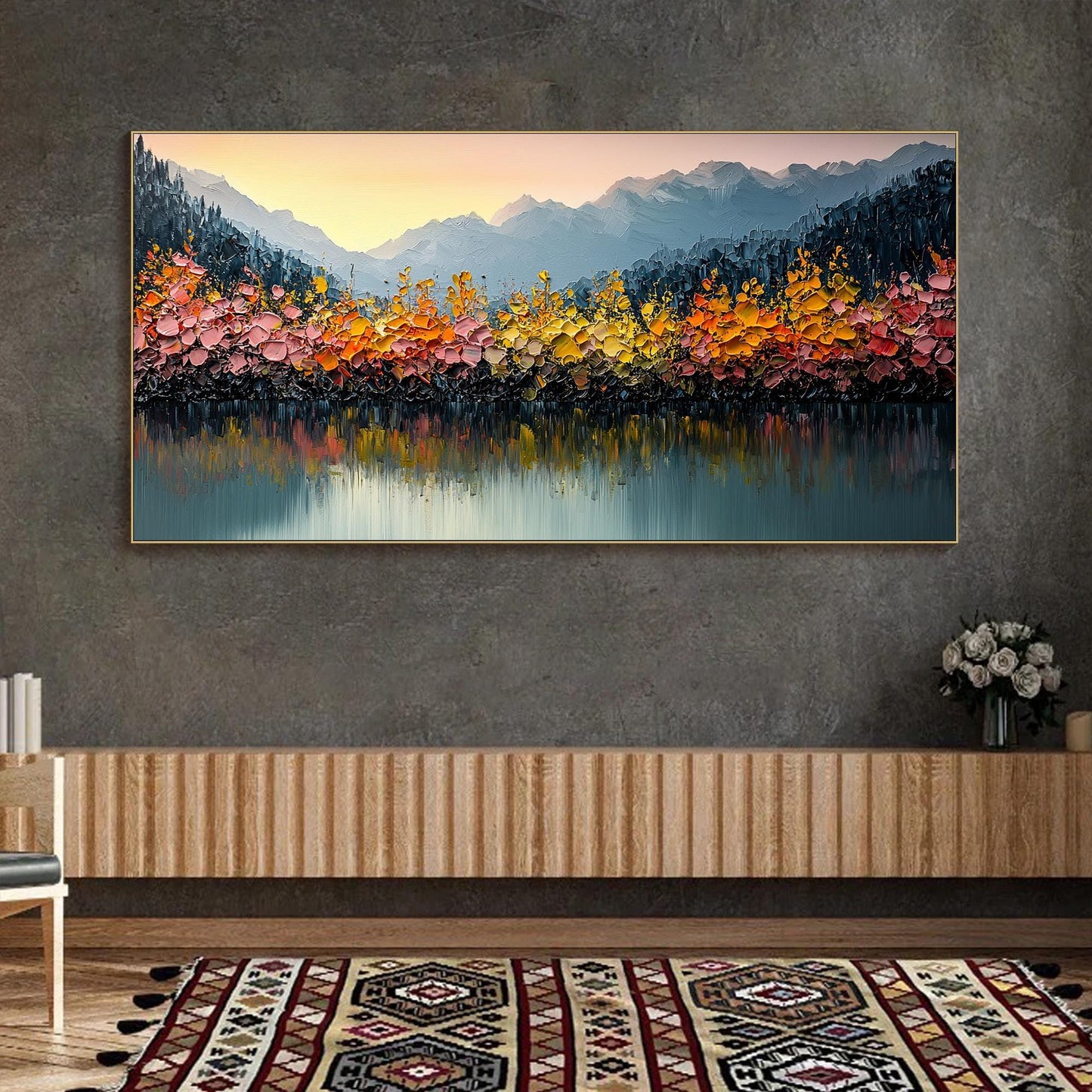 Orange and Yellow Impasto Mountain Lake Landscape Wall Art