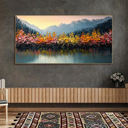 Orange and Yellow Impasto Mountain Lake Landscape Wall Art