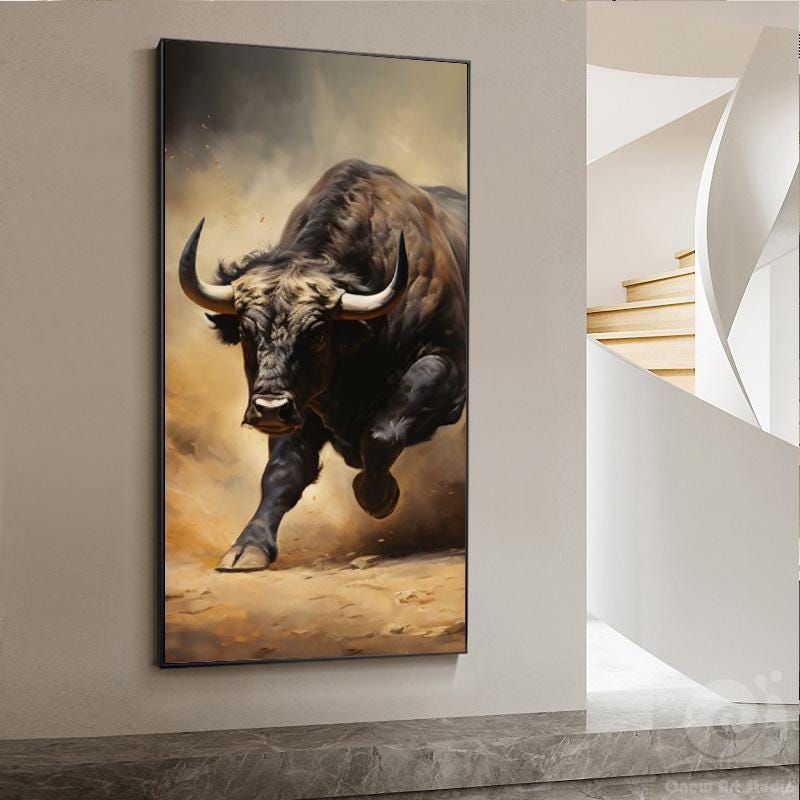 Classical Bull Oil Painting on Canvas, Large Original Bull Canvas Wall Art, Modern Hand-painted Animal Painting for Living Room, Home Décor