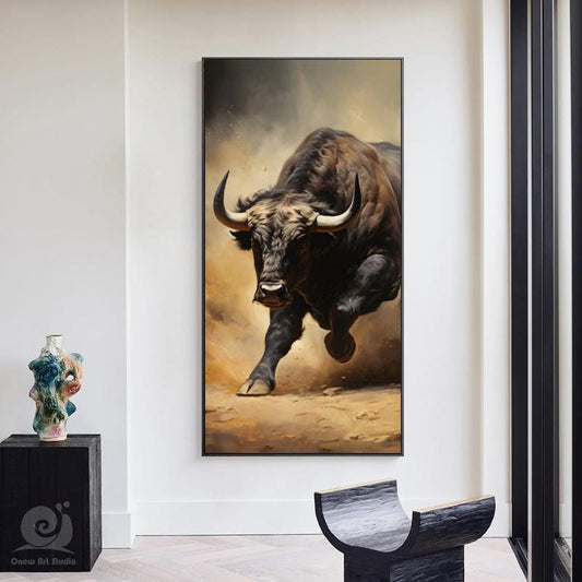 Classical Bull Oil Painting on Canvas, Large Original Bull Canvas Wall Art, Modern Hand-painted Animal Painting for Living Room, Home Décor