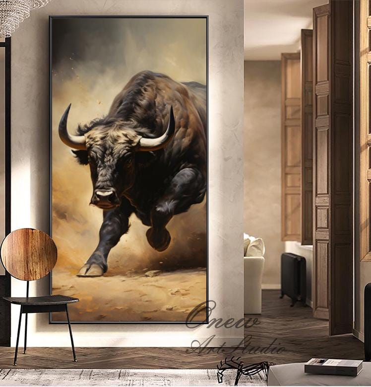 Classical Bull Oil Painting on Canvas, Large Original Bull Canvas Wall Art, Modern Hand-painted Animal Painting for Living Room, Home Décor