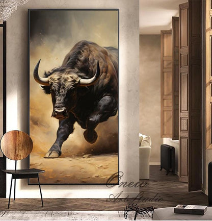 Classical Bull Oil Painting on Canvas, Large Original Bull Canvas Wall Art, Modern Hand-painted Animal Painting for Living Room, Home Décor