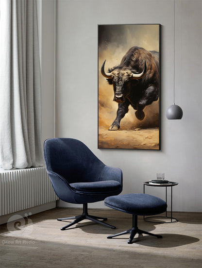 Classical Bull Oil Painting on Canvas, Large Original Bull Canvas Wall Art, Modern Hand-painted Animal Painting for Living Room, Home Décor