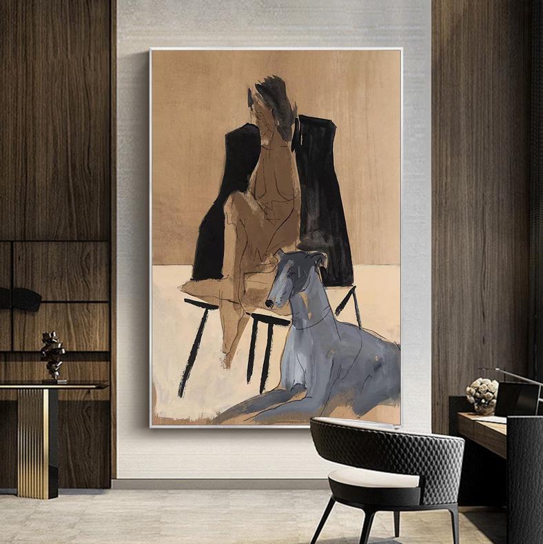 May include: A painting of a nude woman sitting on a chair with a grey dog beside her. The woman is wearing a black garment and the dog is looking to the left. The background is a light brown color.