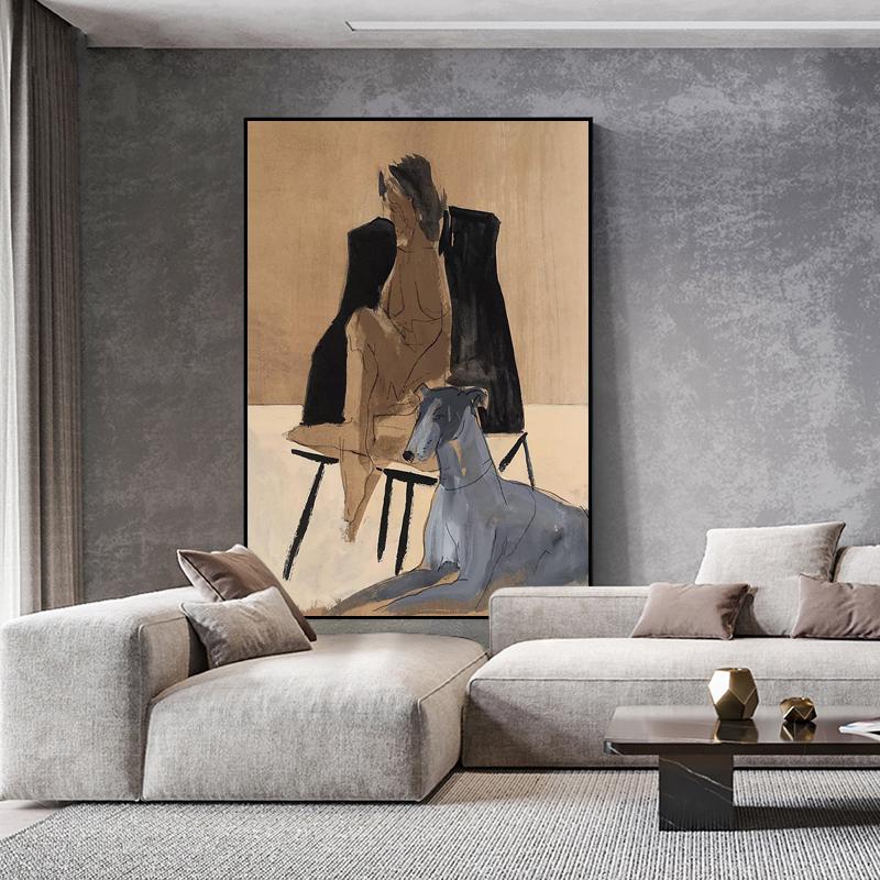 May include: A painting of a nude woman sitting on a chair with a greyhound dog lying on the floor in front of her. The painting is in a minimalist style with muted colors.