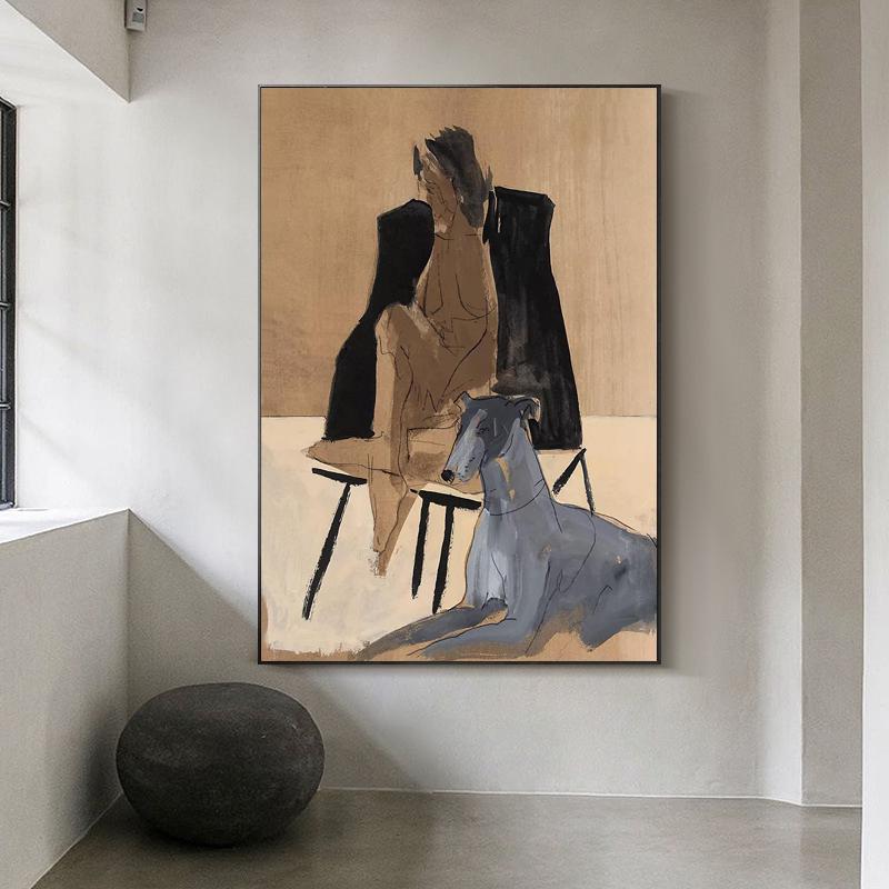May include: Abstract painting of a nude woman sitting on a chair with a greyhound dog beside her. The painting is done in shades of brown, grey, and black.