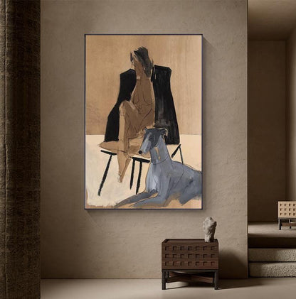 May include: A painting of a woman sitting on a chair with a greyhound dog beside her. The woman is wearing a black jacket and the dog is sitting on a wooden stool. The background is a light brown color.