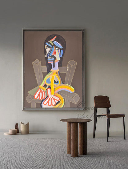 Large Abstract Woman Figure Canvas Art, Original Geometric Oil Painting on Canvas, Modern Minimalist Wall Art for Living Room, Bedroom Décor