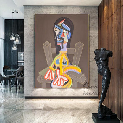 Large Abstract Woman Figure Canvas Art, Original Geometric Oil Painting on Canvas, Modern Minimalist Wall Art for Living Room, Bedroom Décor