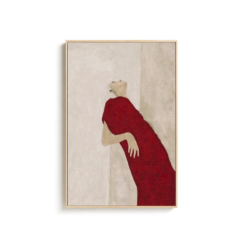 Large Abstract Lady Canvas Art, Hand-painted Woman Figure Oil Painting on Canvas, Modern Beige and Red Art for Living Room, Home Décor