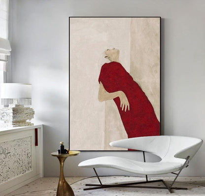 Large Abstract Lady Canvas Art, Hand-painted Woman Figure Oil Painting on Canvas, Modern Beige and Red Art for Living Room, Home Décor