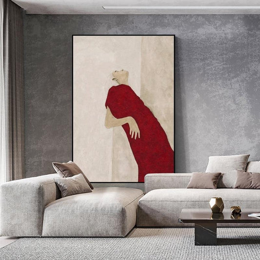 Large Abstract Lady Canvas Art, Hand-painted Woman Figure Oil Painting on Canvas, Modern Beige and Red Art for Living Room, Home Décor