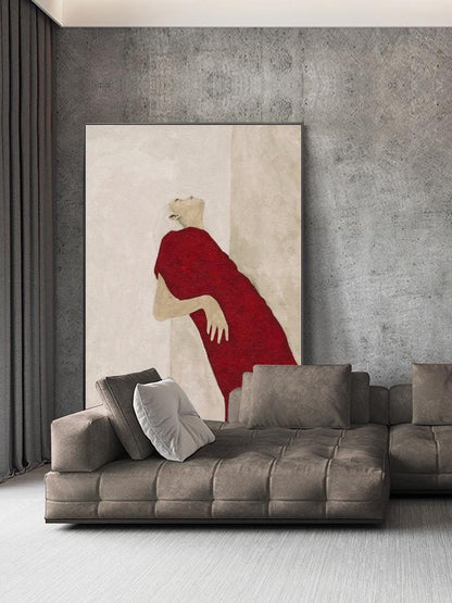 Large Abstract Lady Canvas Art, Hand-painted Woman Figure Oil Painting on Canvas, Modern Beige and Red Art for Living Room, Home Décor