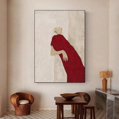 Large Abstract Lady Canvas Art, Hand-painted Woman Figure Oil Painting on Canvas, Modern Beige and Red Art for Living Room, Home Décor