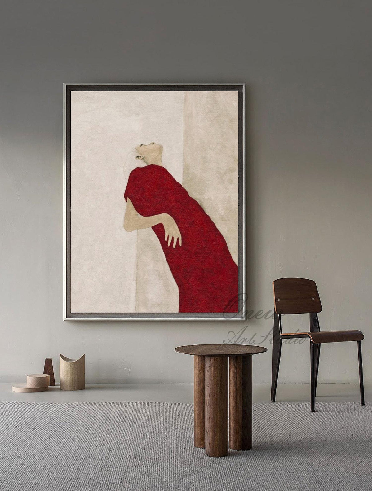 Large Abstract Lady Canvas Art, Hand-painted Woman Figure Oil Painting on Canvas, Modern Beige and Red Art for Living Room, Home Décor