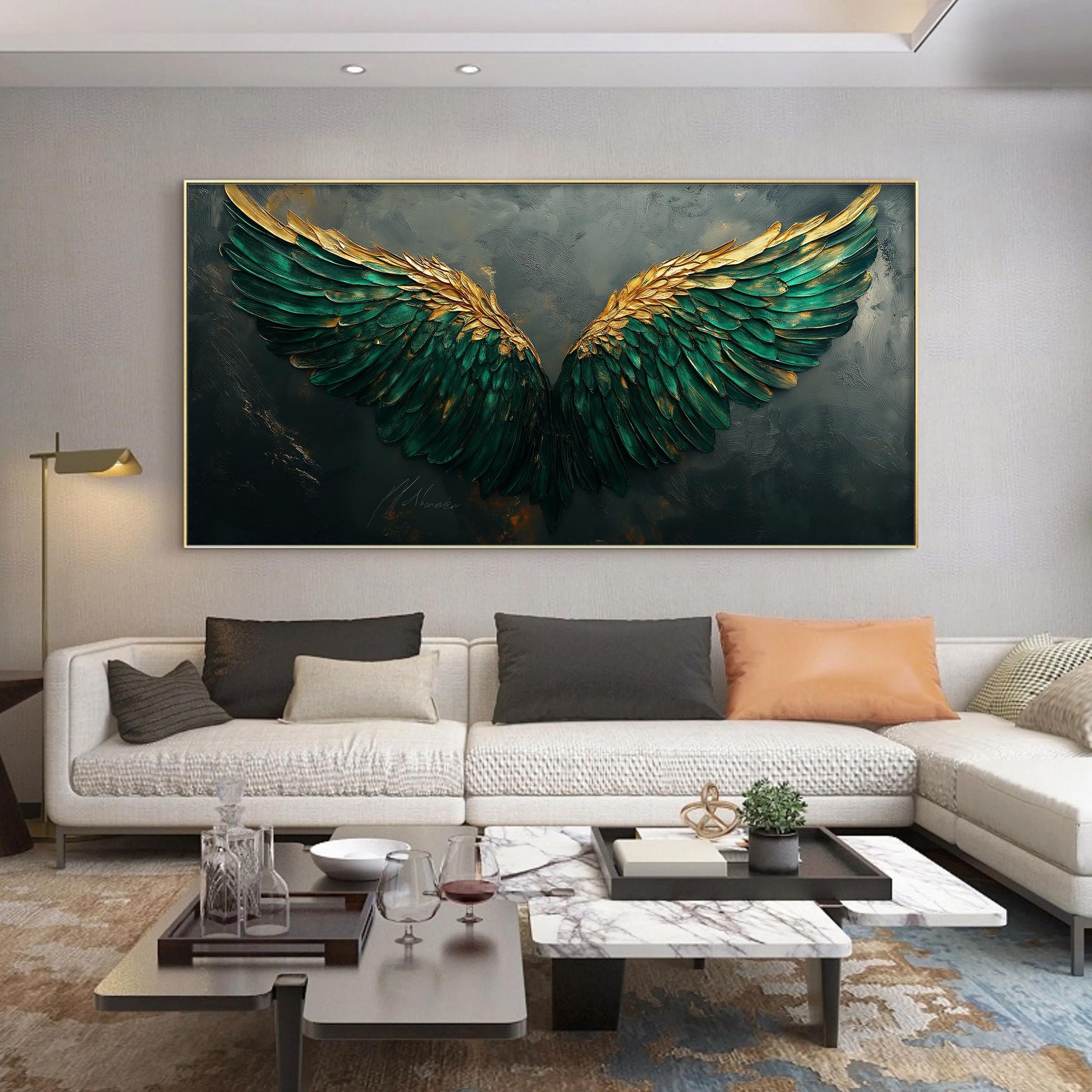 Emerald Green Gold Angel Wings – Emerald and Green Abstract 3D Texture Wall Art | Impasto Hand-Painted Painting, view 4