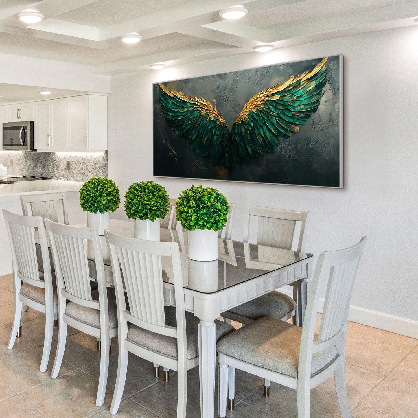 Emerald Green Gold Angel Wings – Emerald and Green Abstract 3D Texture Wall Art | Impasto Hand-Painted Painting, view 2