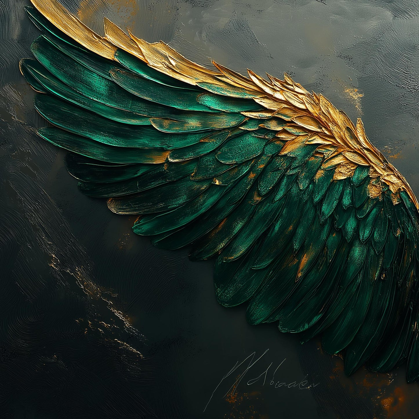Emerald Green Gold Angel Wings – Emerald and Green Abstract 3D Texture Wall Art | Impasto Hand-Painted Painting, view 3