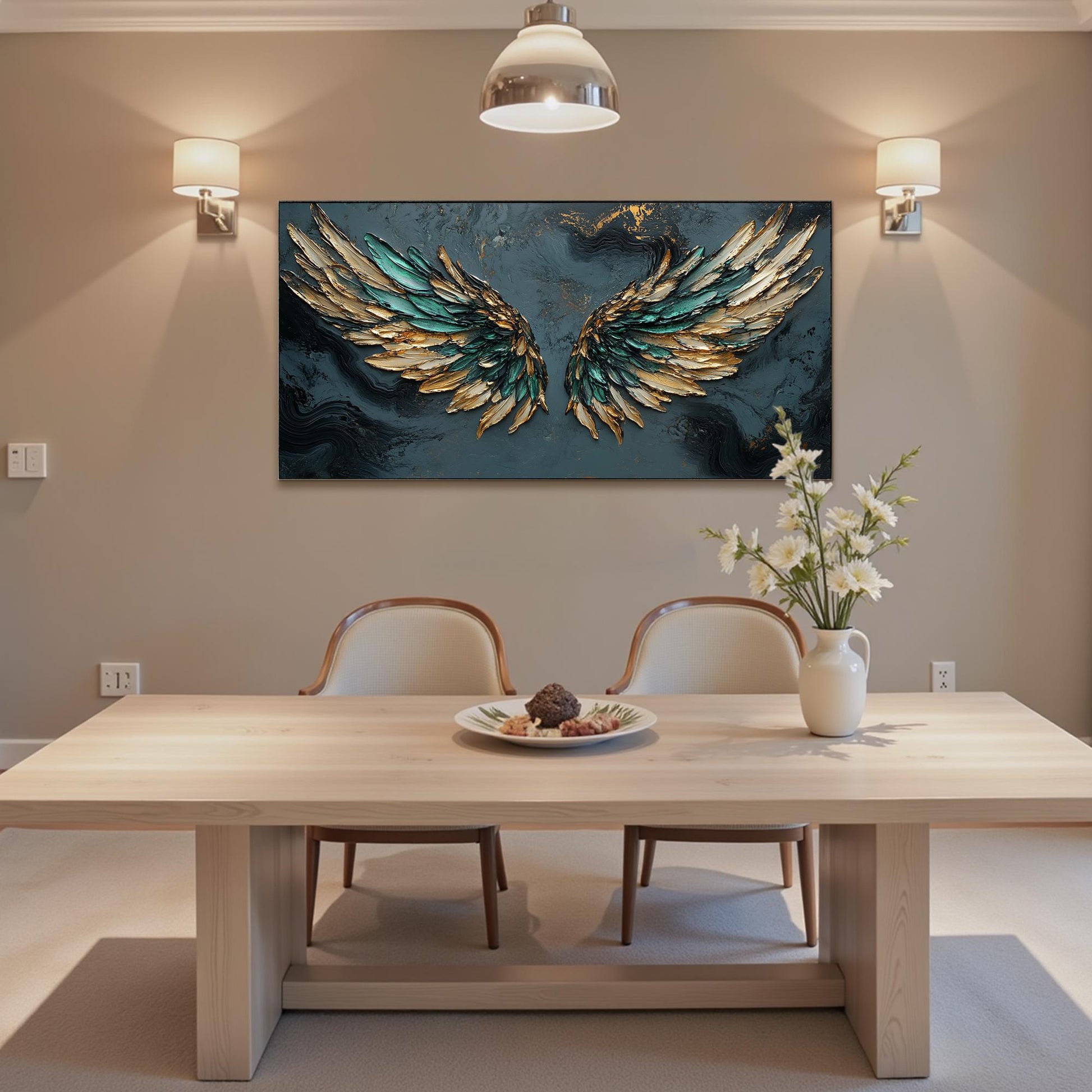 Emerald Green Gold Angel Wings – Emerald and Green Abstract Wall Art | Impasto Hand-Painted Painting, view 5