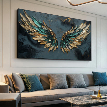 Emerald and Green Impasto Abstract Wall Art – Emerald Green Gold Angel Wings