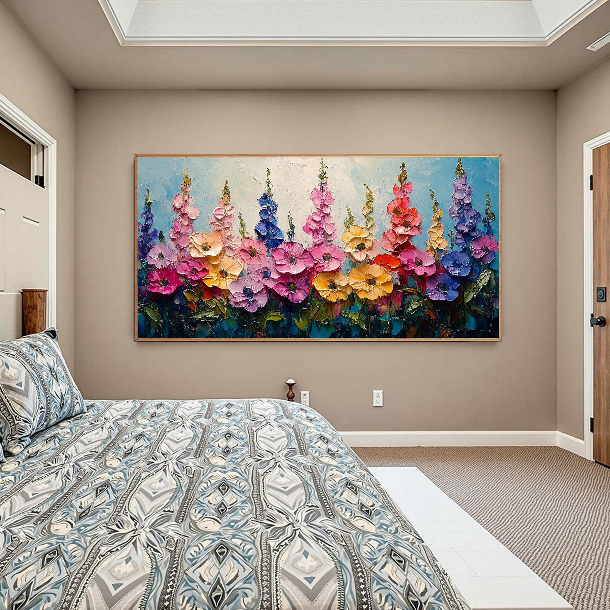 Impasto Floral Landscape Painting, Textured Wildflower Field Artwork, Vibrant Garden Scene – Colorful Wildflower Floral Wall 