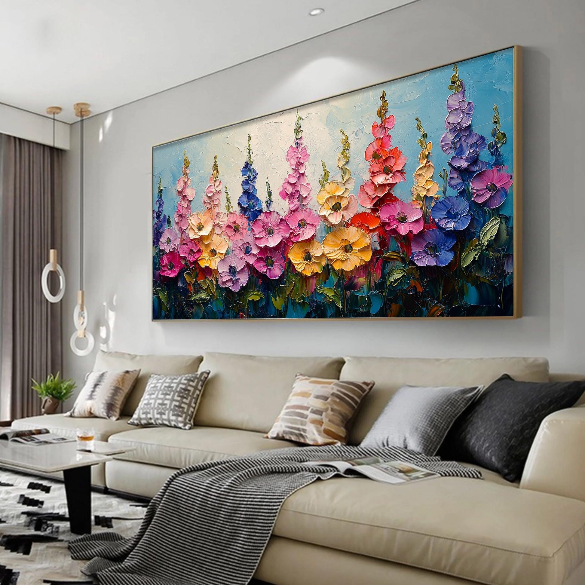 Impasto Floral Landscape Painting, Textured Wildflower Field Artwork, Vibrant Garden Scene – Colorful Wildflower Floral Wall 