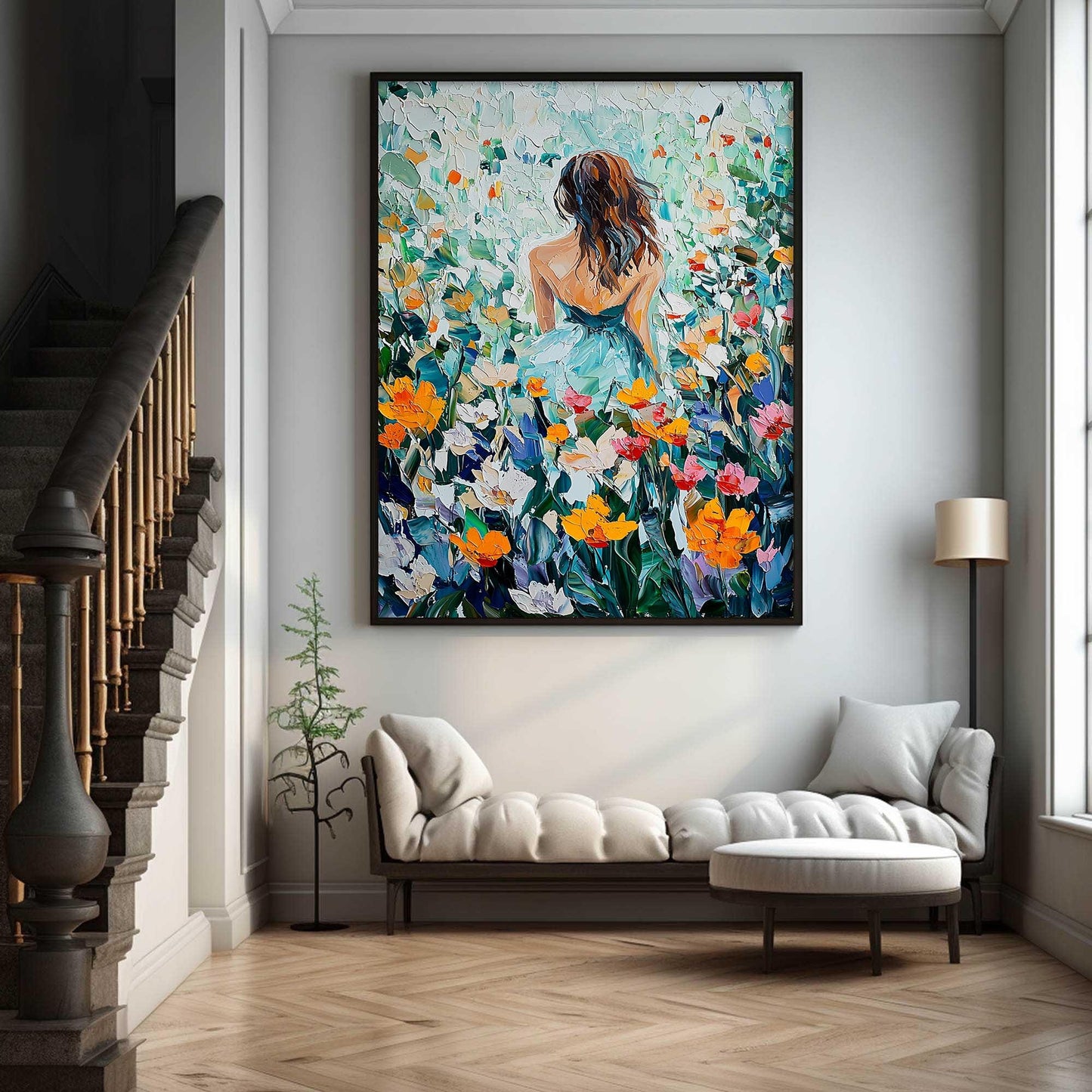 Colorful Impasto Field Landscape Wall Art – Woman in Flower Field