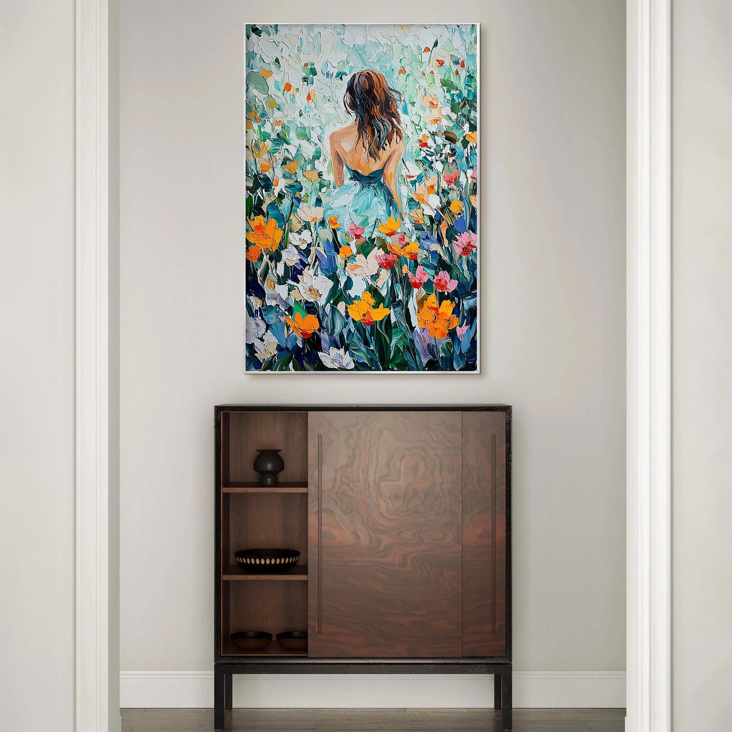 Impasto Oil Painting, Woman in Flower Field, Textured Garden Landscape, Romantic Wall Art – Colorful Field Landscape Wall Art