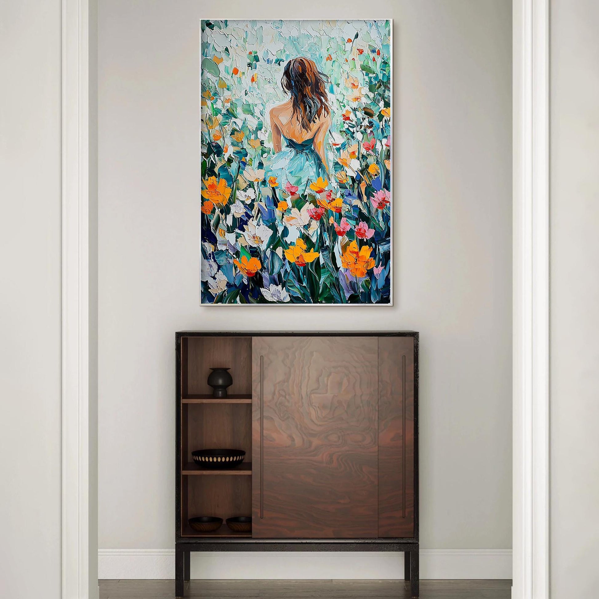 Impasto Oil Painting, Woman in Flower Field, Textured Garden Landscape, Romantic Wall Art – Colorful Field Landscape Wall Art