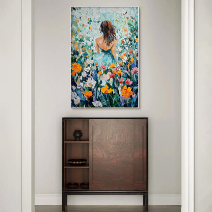 Impasto Oil Painting, Woman in Flower Field, Textured Garden Landscape, Romantic Wall Art – Colorful Field Landscape Wall Art