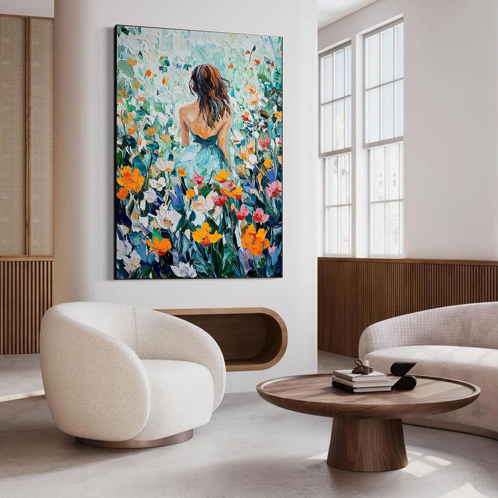 Impasto Oil Painting, Woman in Flower Field, Textured Garden Landscape, Romantic Wall Art – Colorful Field Landscape Wall Art