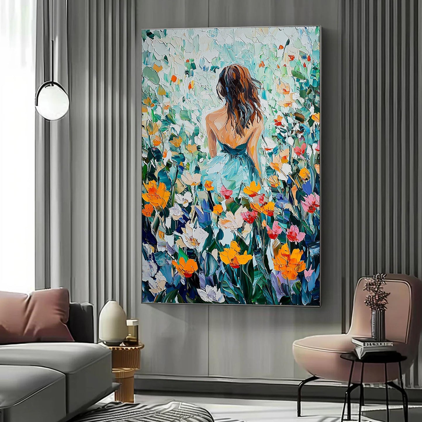 Impasto Oil Painting, Woman in Flower Field, Textured Garden Landscape, Romantic Wall Art – Colorful Field Landscape Wall Art