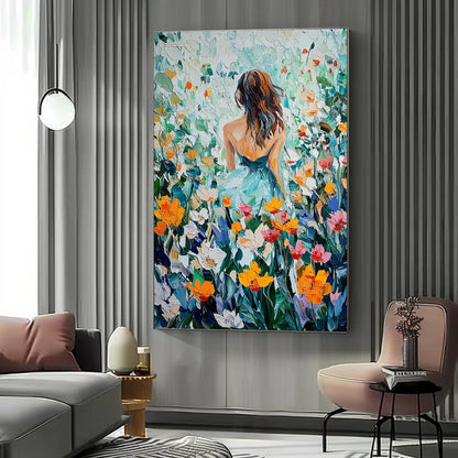 Impasto Oil Painting, Woman in Flower Field, Textured Garden Landscape, Romantic Wall Art – Colorful Field Landscape Wall Art