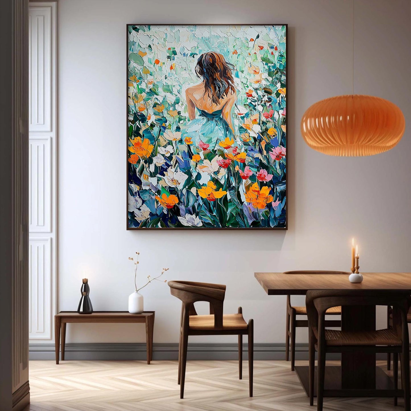 Colorful Impasto Field Landscape Wall Art – Woman in Flower Field