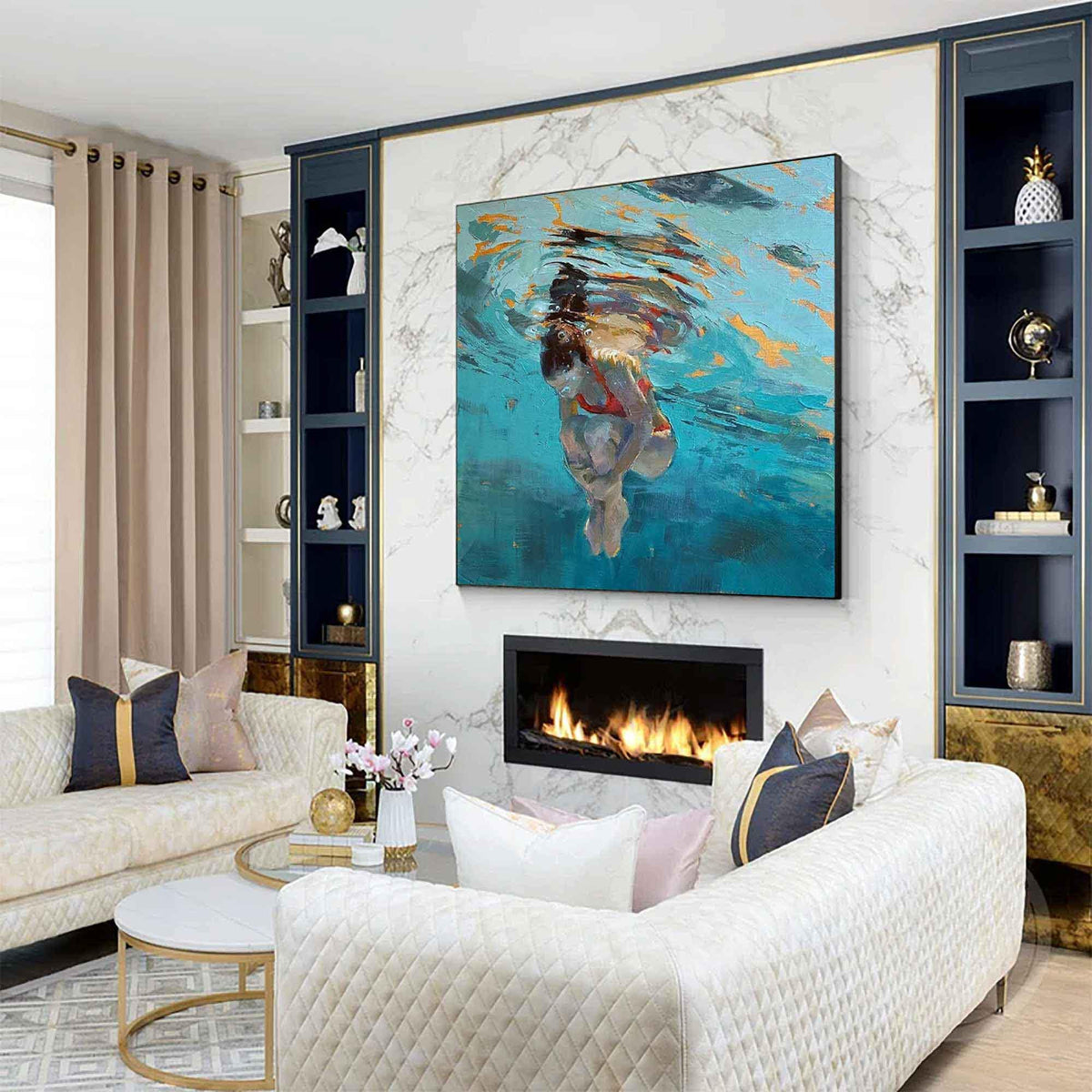 Underwater Woman Swimmer Wall Art Turquoise Blue Textured Canvas Painting for Coastal Bathroom Decor