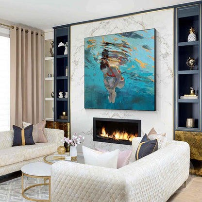 Underwater Woman Swimmer Wall Art Turquoise Blue Textured Canvas Painting for Coastal Bathroom Decor