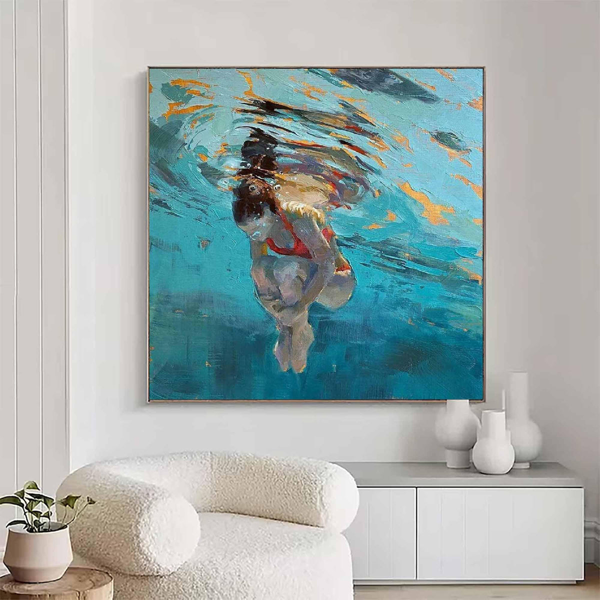 Underwater Woman Swimmer Wall Art Turquoise Blue Textured Canvas Painting for Coastal Bathroom Decor
