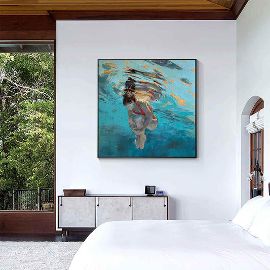 Underwater Woman Swimmer Wall Art Turquoise Blue Textured Canvas Painting for Coastal Bathroom Decor