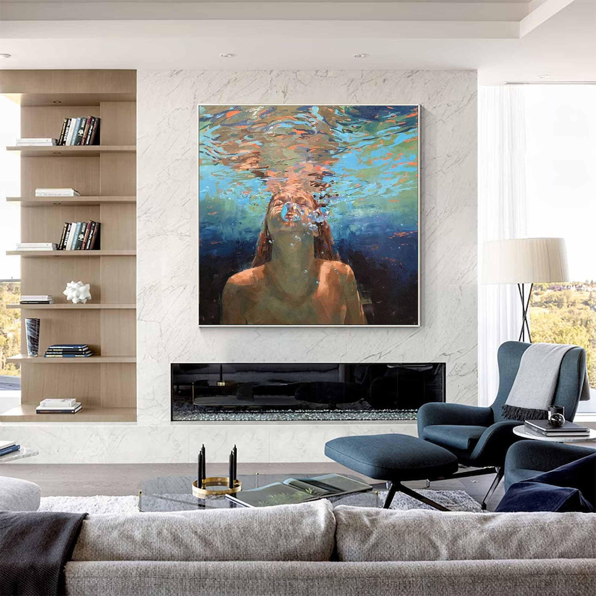 Underwater Woman Portrait Wall Art Blue Ocean Canvas Painting for Coastal Living Room Decor