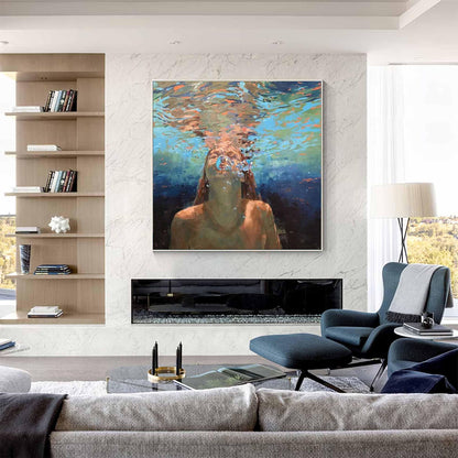 Underwater Woman Portrait Wall Art Blue Ocean Canvas Painting for Coastal Living Room Decor