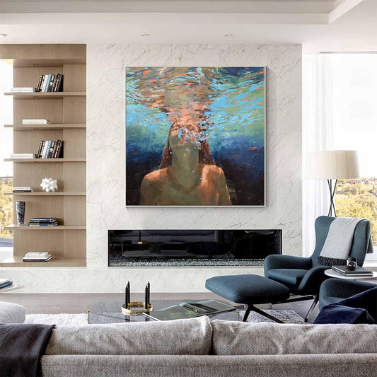 Underwater Woman Portrait Wall Art Blue Ocean Canvas Painting for Coastal Living Room Decor