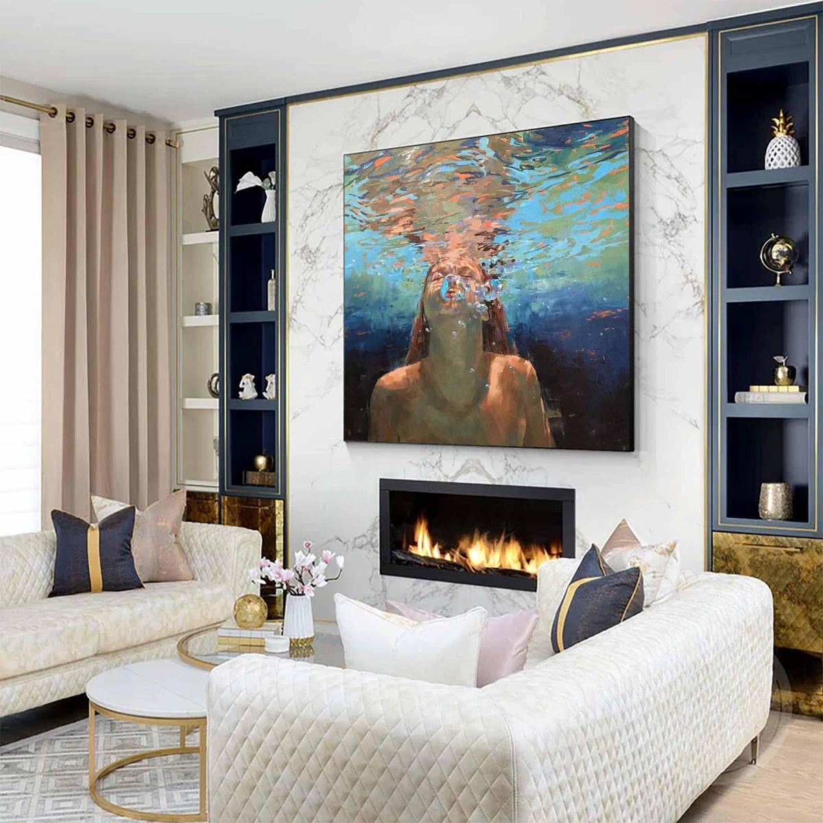 Underwater Woman Portrait Wall Art Blue Ocean Canvas Painting for Coastal Living Room Decor