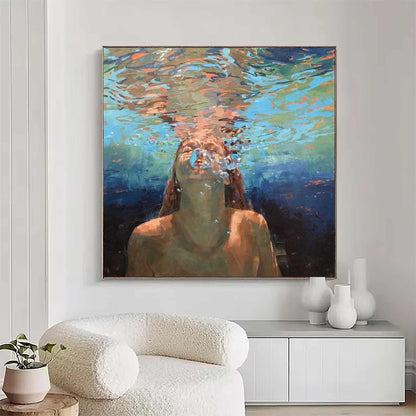 May include: A painting of a person underwater with their head above the surface, blowing bubbles. The water is a light blue color and the person's hair is red. The painting is done in a realistic style.