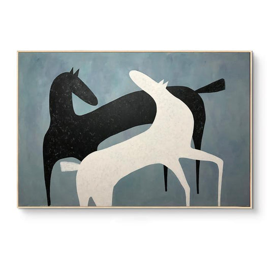 Abstract Black and White Horses Oil Painting on Canvas, Large Original Horse Canvas Art, Modern Animal Painting for Living Room, Home Décor
