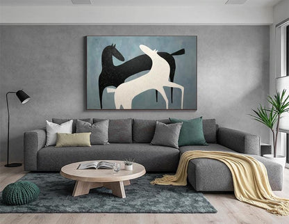 Abstract Black and White Horses Oil Painting on Canvas, Large Original Horse Canvas Art, Modern Animal Painting for Living Room, Home Décor
