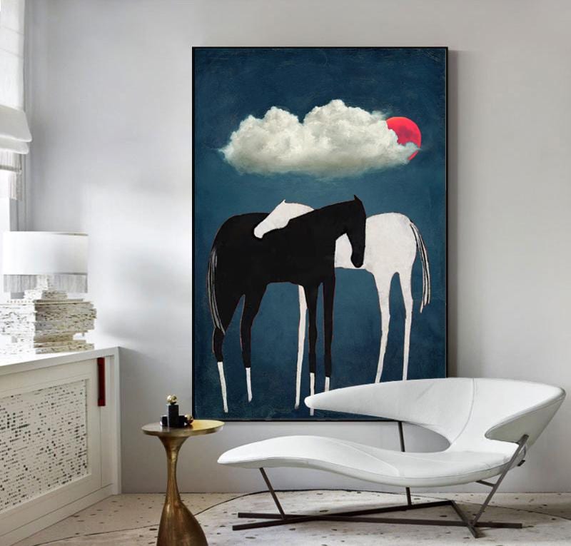 Black and White Abstract Horse Oil Painting on Canvas, Large Original Horses and Clouds Canvas Art, Modern Animal Wall Art for Living Room