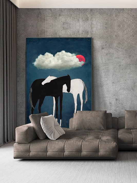 Black and White Abstract Horse Oil Painting on Canvas, Large Original Horses and Clouds Canvas Art, Modern Animal Wall Art for Living Room