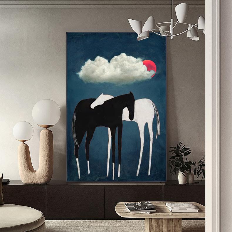 Black and White Abstract Horse Oil Painting on Canvas, Large Original Horses and Clouds Canvas Art, Modern Animal Wall Art for Living Room