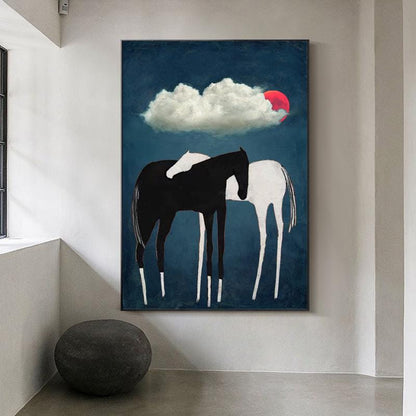 Black and White Abstract Horse Oil Painting on Canvas, Large Original Horses and Clouds Canvas Art, Modern Animal Wall Art for Living Room